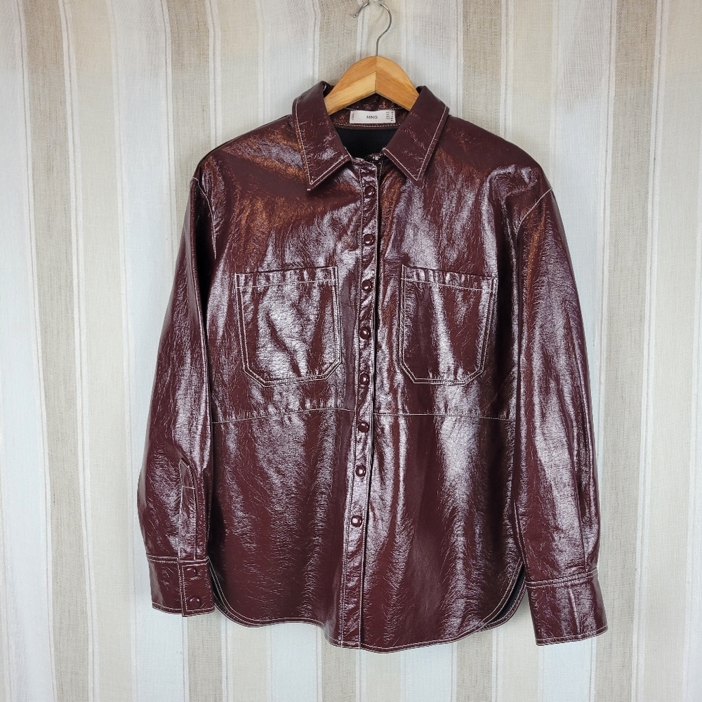 MNG Mango Faux Leather Shacket Button Down Shirt Maroon Size 6 - Picture 2 of 12